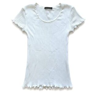 Brandy Melville White Ribbed Lettuce Edge Scoop Neck Short Sleeve Top One‎ Size